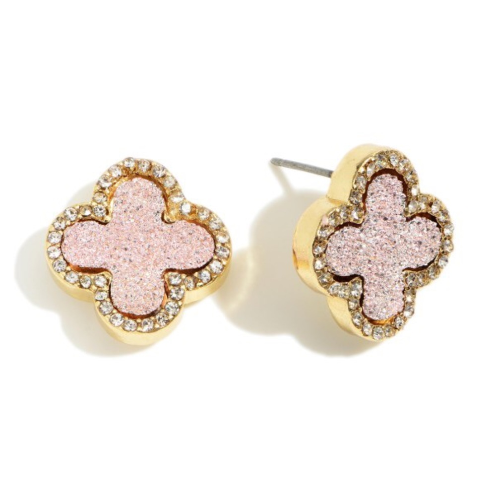 Pink and gold Clover Shaped Druzy Stud Earrings.